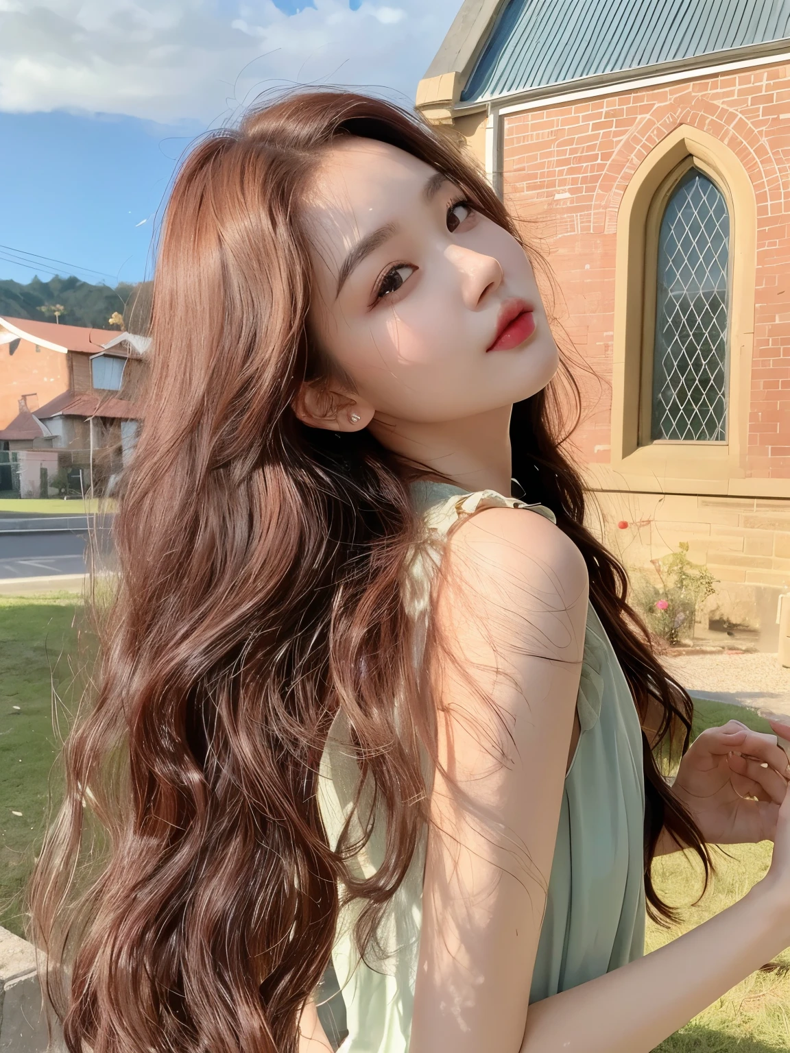 masterpiece, best quality, Girl with reddish-brown hair，Facing the camera，Hairstyle with bangs，Long curly hair，红色Long curly hair，20 years old，Chinese Girl，Sweet girl，a girl，Exquisite facial features，