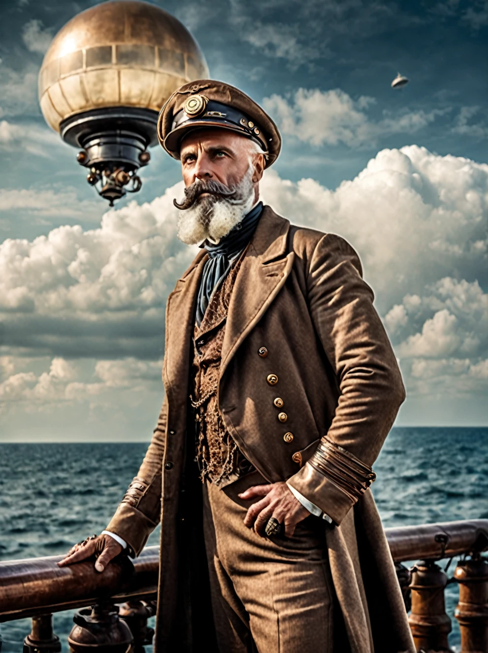 photo focus on male focus, outdoors by the sea, realistic scenery, (captain nemo:1.1), cloud buster, UFO disk in the sky, steampunk nautilus-style. very wide shot, character photo portrait, film, professional,