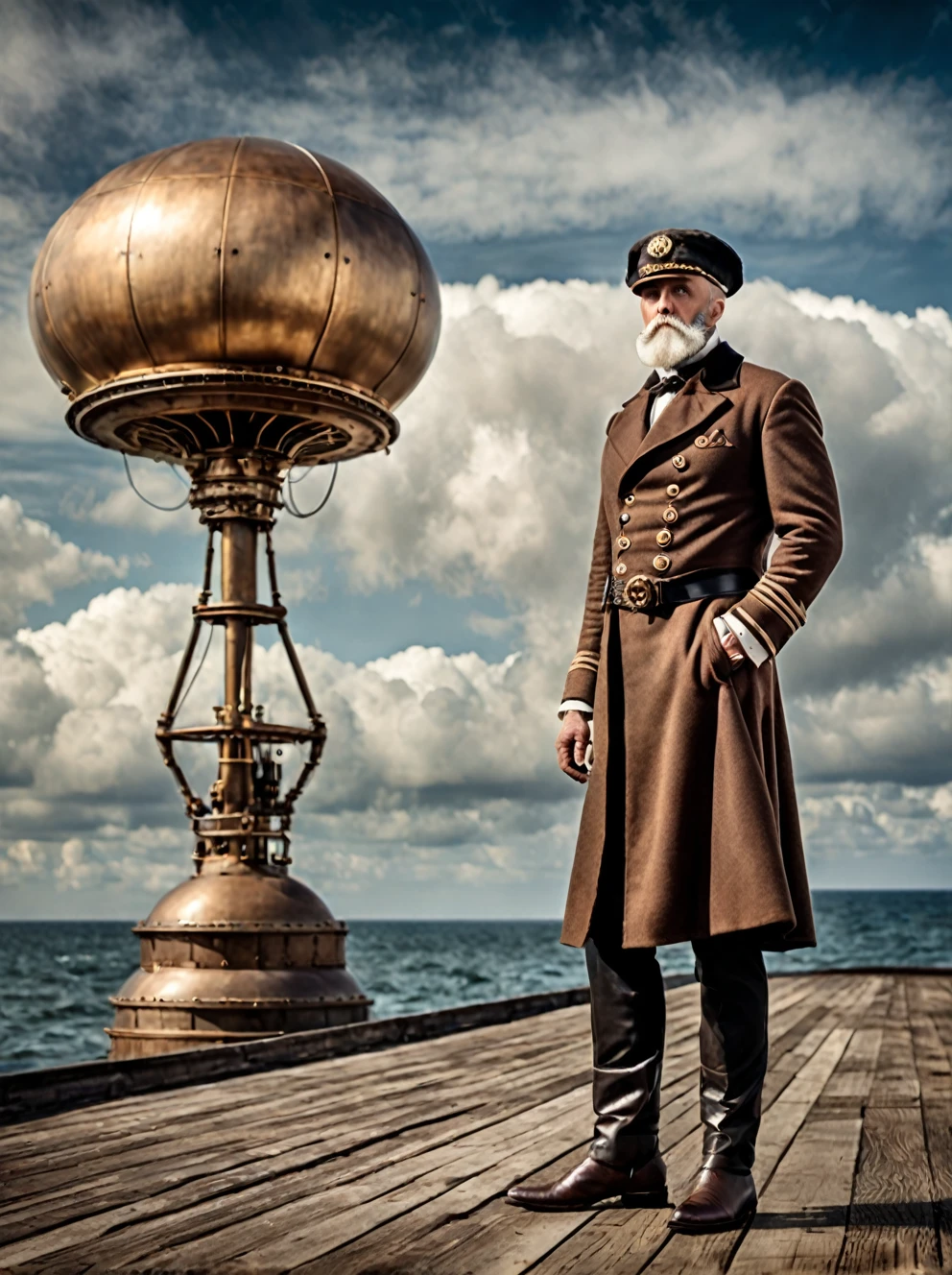 photo focus on male focus, outdoors by the sea, realistic scenery, (captain nemo:1.1), cloud buster, UFO disk in the sky, steampunk nautilus-style. very wide shot, character photo portrait, film, professional,