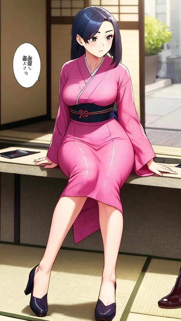 1 Girl,individual,dress,Sitting,Japanese Clothing,shoe,赤foot,High heel,foot,leg,盘leg,粉色dress,Head out of frame,Pink Kimono,Take off your shoes,Single shoes,viewfinder,mobile phone screen