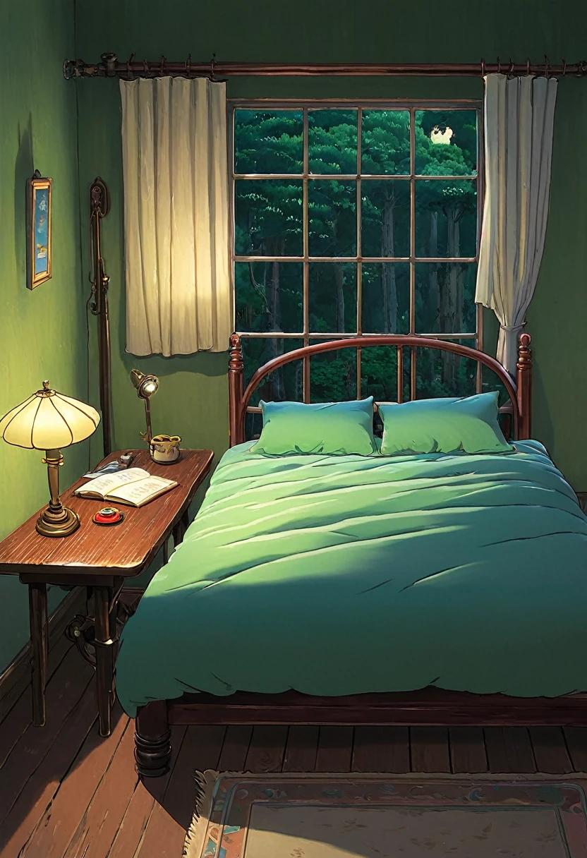 Picture of a bedroom with a bed and a table with a lamp, Studio Ghibli Bedroom, Studio Ghibli's smooth concept art, ghibli studio art, Ghibli Studio Style, Studio Ghibli concept art, studio ghibli environment, Ghibli art style, studio Ghibli art style, Studio Ghibli style, Studio Ghibli Nikko, Greg Rutkowski Studio Ghibli, Ghibli art style, studio Ghibli art style