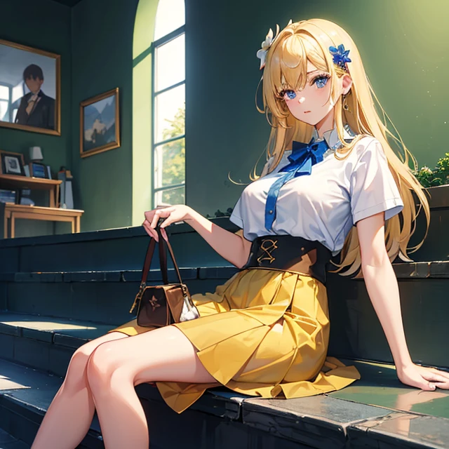 (masterpiece art, high best quality image, very detailed features) looking down, not looking to the viewer
1woman, 45 years old adult woman, milf, long blonde golden straight hair, blonde golden eyebrows, fair skin, beautiful face, medium breasts, good body figue, light blue eyes, thin lips, serious, (brown t-shirt, dark green medium skirt, short heel shoes, blue flower left hairclip)
Walking downstair, Ottawa Canada, simple canadian neighbourhood house, green colored wall,