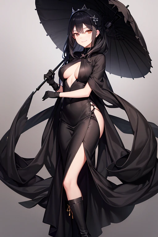 adult woman, old style long elegant black dress, elegant smile, elegant black gloves, small elegant black boots, black umbrella in the right hand, bright golden eyes, black hair, elegant black hat.