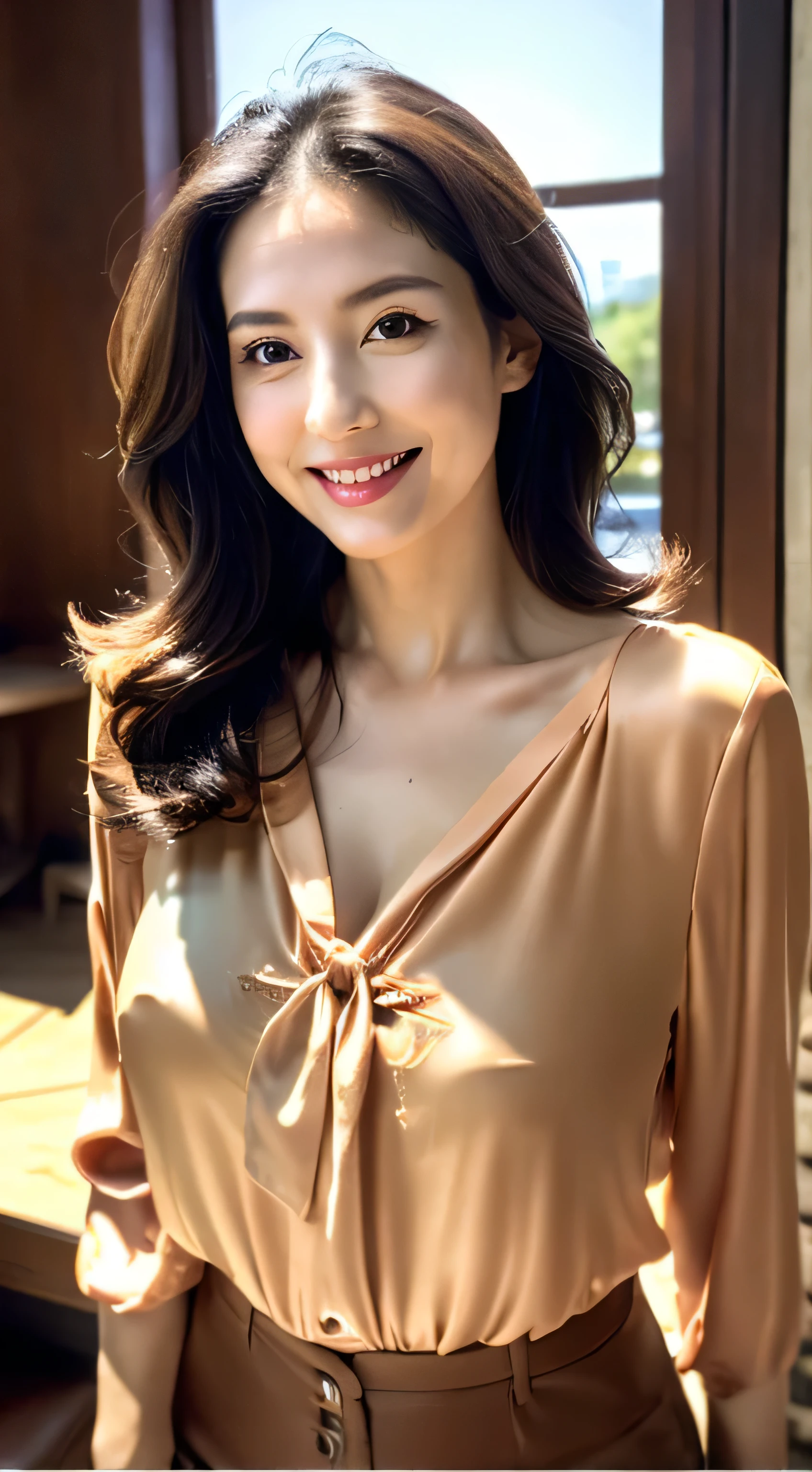 Beautiful detailed face、Pale skin、Realistic glowing skin、Detailed cloth texture、Detailed hair texture、Perfect body、Beautiful Face、correct、Anatomically correct、 Highly detailed face and skin texture、Natural neck length、(Beautiful Hands)、(Fair skin:1.2)、Thin legs、Thin legs、 Break Fine Eyes、Symmetrical eyes、Light brown eyes、double eyelid、Thin eyebrows、(Glossy Lips:1.4)、((Gentle smile:1.2))、(blush:1.1)、 BREAK (Elegant and cute girl:1.3)、Medium-sized large 、(Slim body type:1.1)、Toned Abs、Beautiful clavicle、 (dark blonde、Wavy Hair、Long Hair:1.2)、 ((Asymmetrical bangs:1.2))、(Cowboy Shot:1.2)、Side view:0.65、((Bewitching beautiful mature elite secretary in luxurious silk blouse:1.3)、full figure supermodel standing, entire body in frame、