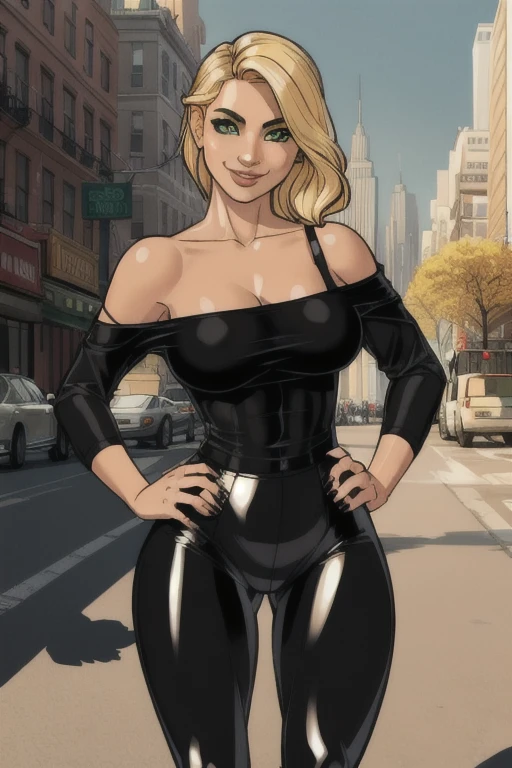 1girl, solo, sexy, 1girl, solo, 36-years-old, tan olive skin, shoulder-length hair, sunflower blonde hair, emerald eyes, ((Wearing an off shoulder tank-top and glossy black leggings)). hands on hips, she's looking at the camera with a calm smile, outside on New York street,(masterpiece), (best quality), (ultra-detailed), (best illustration), (best shadow), (an extremely delicate and beautiful)
