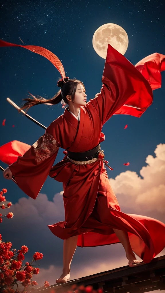 masterpiece, Highest quality, Samurai in red kimono, Fabric flowing in the air, moon, Northern Steppes, SFW