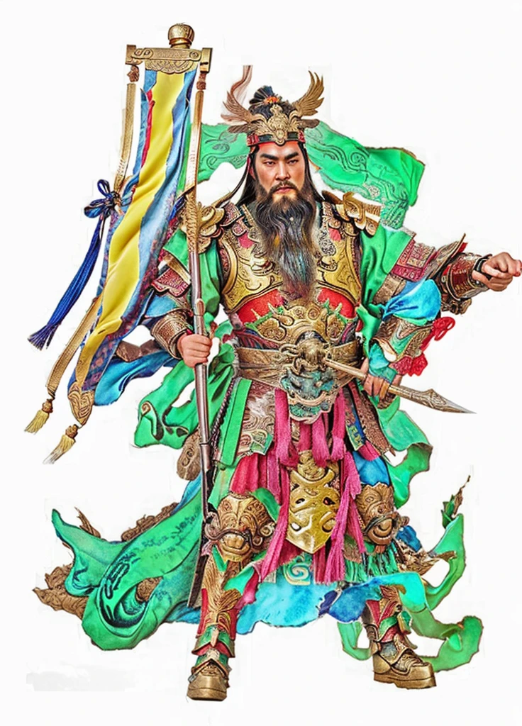 chinese mythodology, photorealistic, holding a long flag, ancient Chinese warrior with armour, soft deity ribbon, long beard