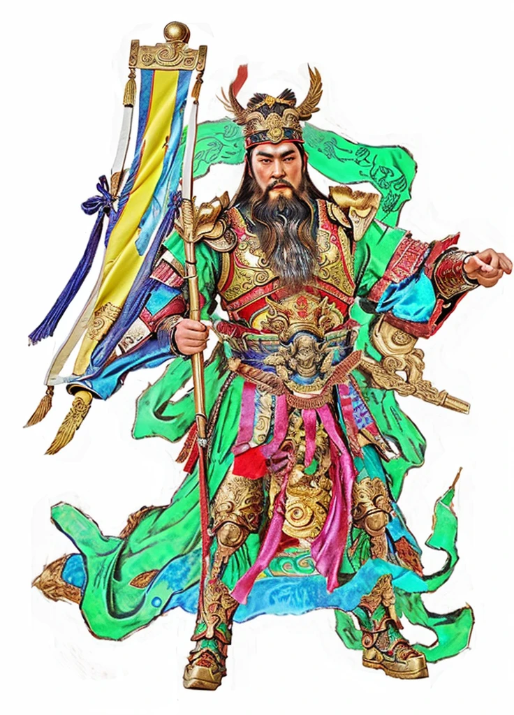 chinese mythodology, photorealistic, holding a long flag, ancient Chinese warrior with armour, soft deity ribbon, long beard