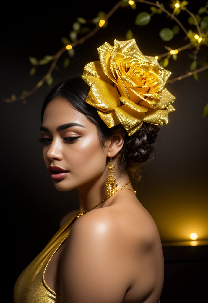 
Create a bud of dark gray and gold roses filled with yellow light emanating all around
