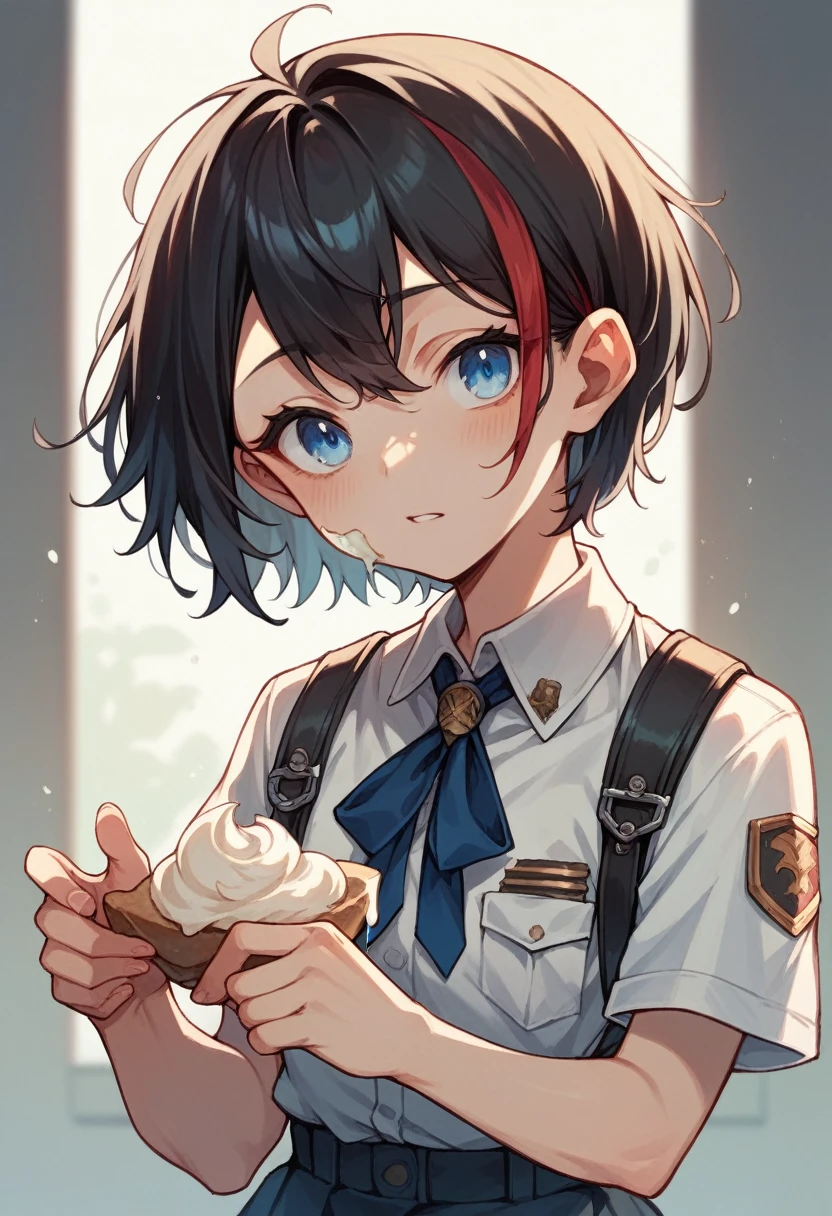 A young girl , cream skin tone, short black hair with red highlights, blue eyes, With Uniform