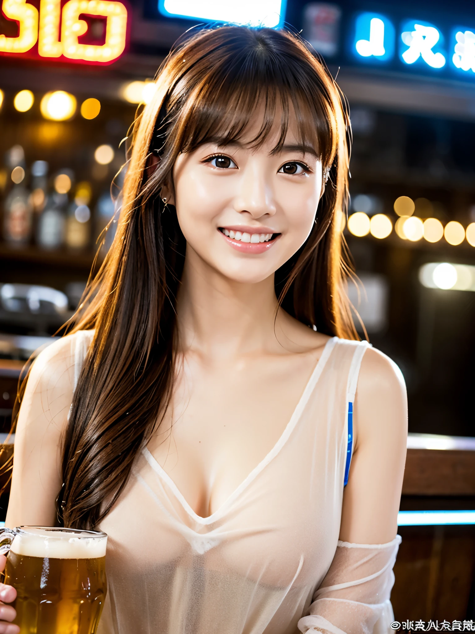 A very cute face like an idol、Looks like a young face、20-year-old female、Gentle and cute、A kind smile、((See-through clothes))、((whole body像))、Cleavage、A crowded bar、Toast with a beer mug、Cinema lighting、Natural light、whole body、RAW Photos、Genuine、(Artistic)、High level of artistry、High quality that is indistinguishable from real life、realism、Real Stick、High resolution、masterpiece
