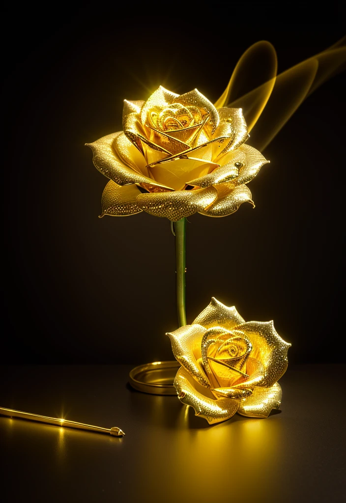 Create a bud of dark gray and gold roses filled with yellow light emanating all around
