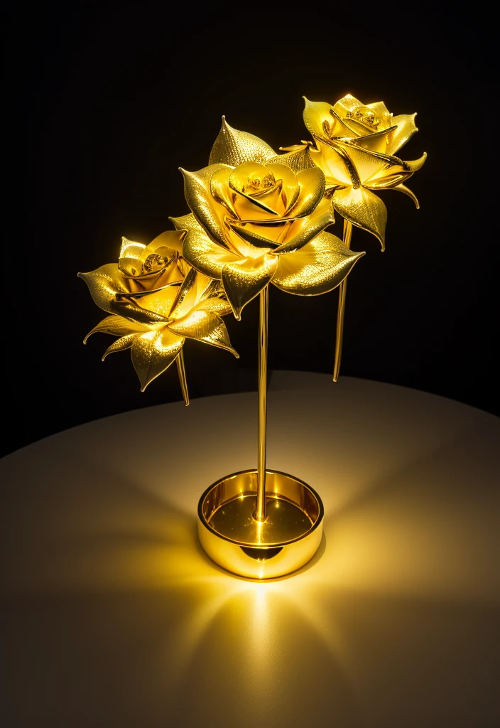 
Create a bud of dark gray and gold roses filled with yellow light emanating all around
