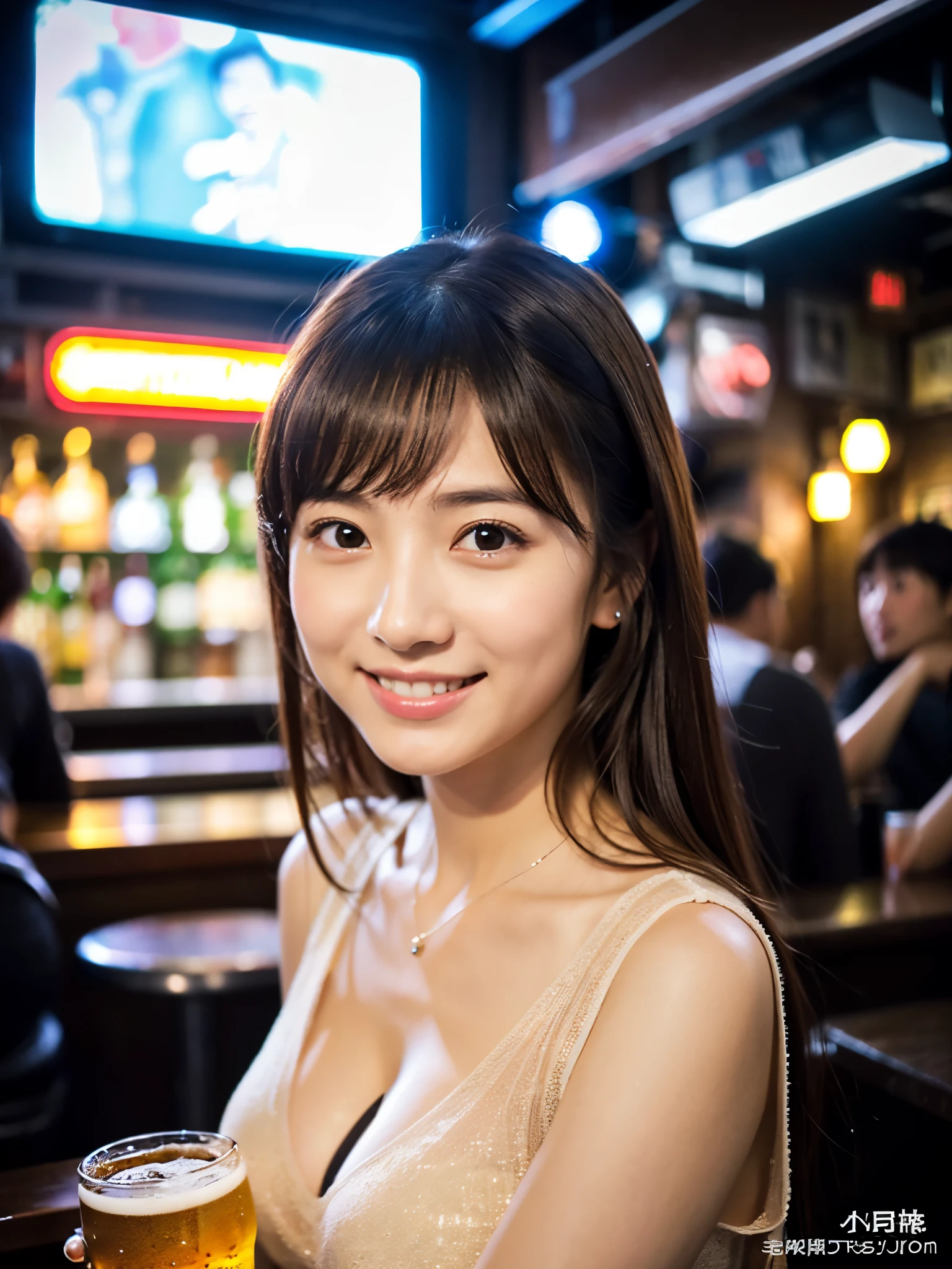 A very cute face like an idol、Looks like a young face、20-year-old female、Gentle and cute、A kind smile、((See-through clothes))、((whole body像))、Cleavage、A crowded bar、Toast with a beer mug、Cinema lighting、Natural light、whole body、RAW Photos、Genuine、(Artistic)、High level of artistry、High quality that is indistinguishable from real life、realism、Real Stick、High resolution、masterpiece