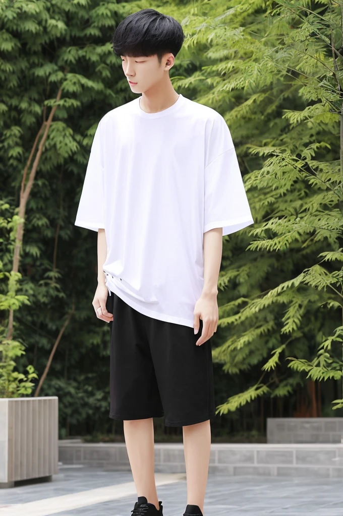 Beijing young men, slim. wearing oversize white T shirt then black pants, full body, black short cut, garden