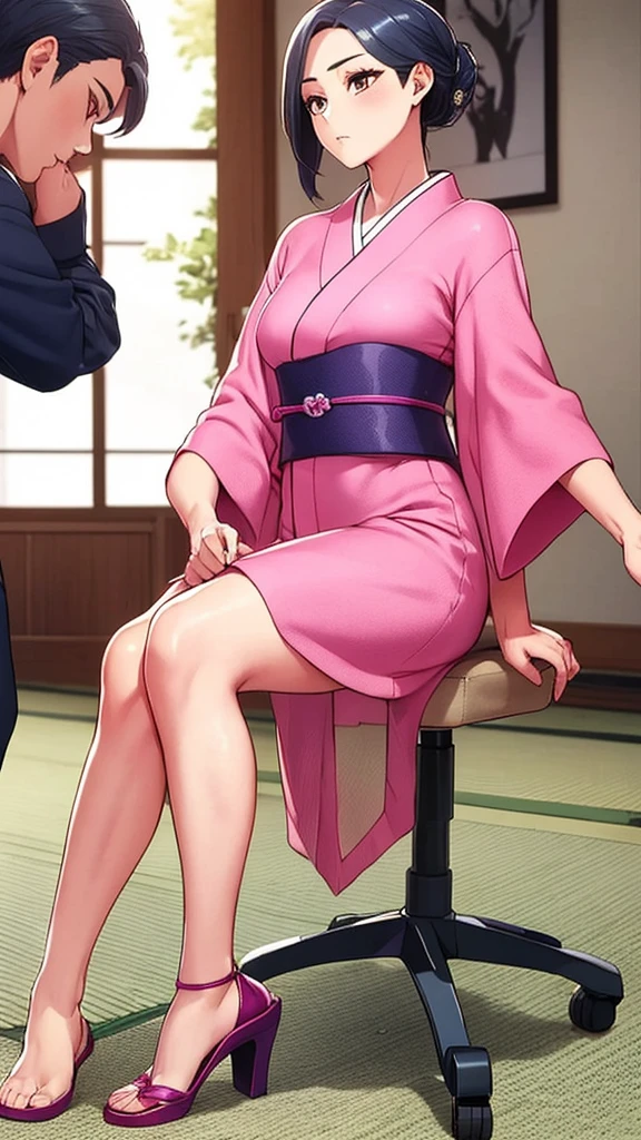 1 Girl,individual,dress,Sitting,Japanese Clothing,shoe,赤foot,High heel,foot,leg,盘leg,粉色dress,Head out of frame,Pink Kimono,Take off your shoes,Single shoes,viewfinder,mobile phone screen