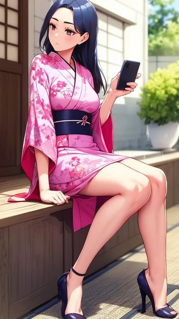 1 Girl,individual,dress,Sitting,Japanese Clothing,shoe,赤foot,High heel,foot,leg,盘leg,粉色dress,Head out of frame,Pink Kimono,Take off your shoes,Single shoes,viewfinder,mobile phone screen