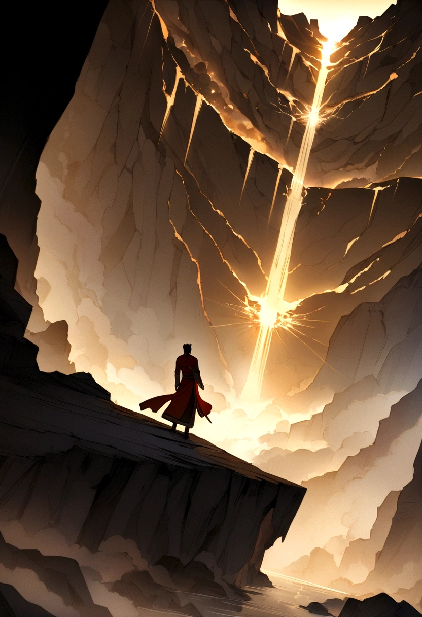 Highest quality、detailed、8K、1 adventurer、On a cliff、The legendary red Chinese dress hanging on a hanger、The hero falls with his hands outstretched、