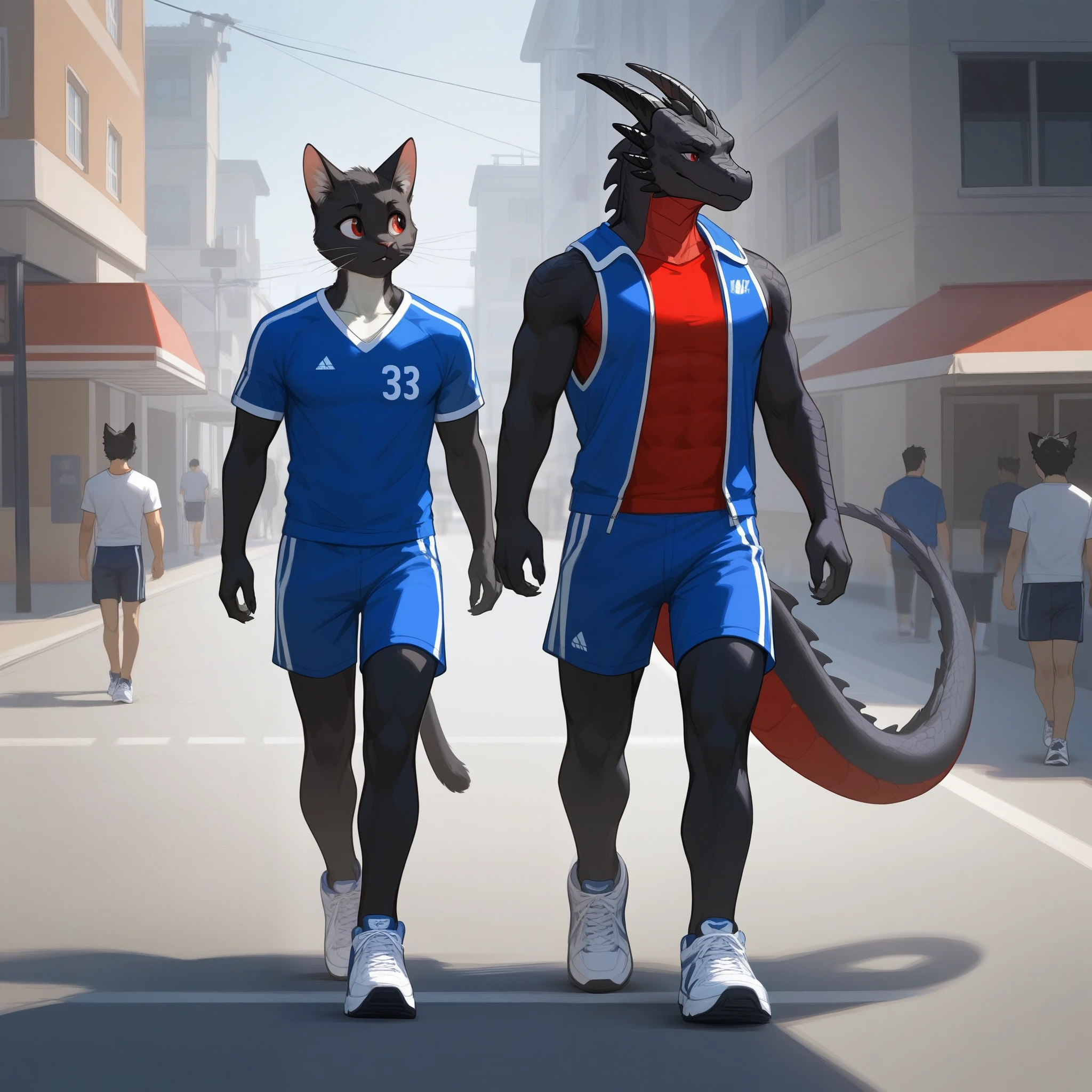 score_9, score_8_up, score_7_up, Kat, (anthro furry feline, Kat, silver furry body, blonde hair, hair in ponytail blue eyes, long blonde hair, wearing blue bandeau, brown short shorts, white sneakers), happy, walking, outdoors