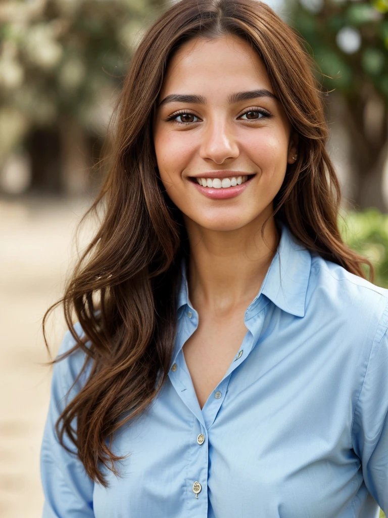 a photo-realistic portrait of a beautiful Palestinian woman with long brown hair, blue shirt, white teeth, and a cute smile, with highly detailed and realistic facial features, modest expression, and realistic white skin tone