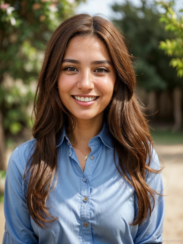 a photo-realistic portrait of a beautiful Palestinian woman with long brown hair, blue shirt, white teeth, and a cute smile, with highly detailed and realistic facial features, modest expression, and realistic white skin tone