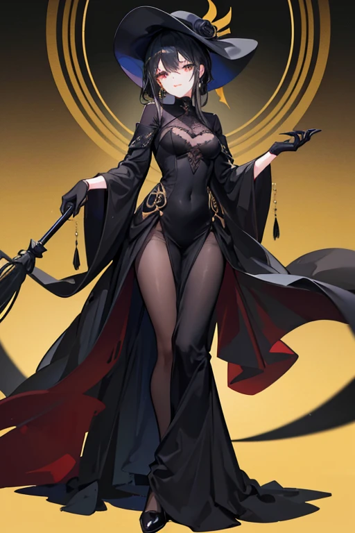 adult woman, old style long elegant black dress, elegant smile, elegant black gloves, small elegant black boots, black umbrella in the right hand, bright golden eyes, black hair, elegant black hat.