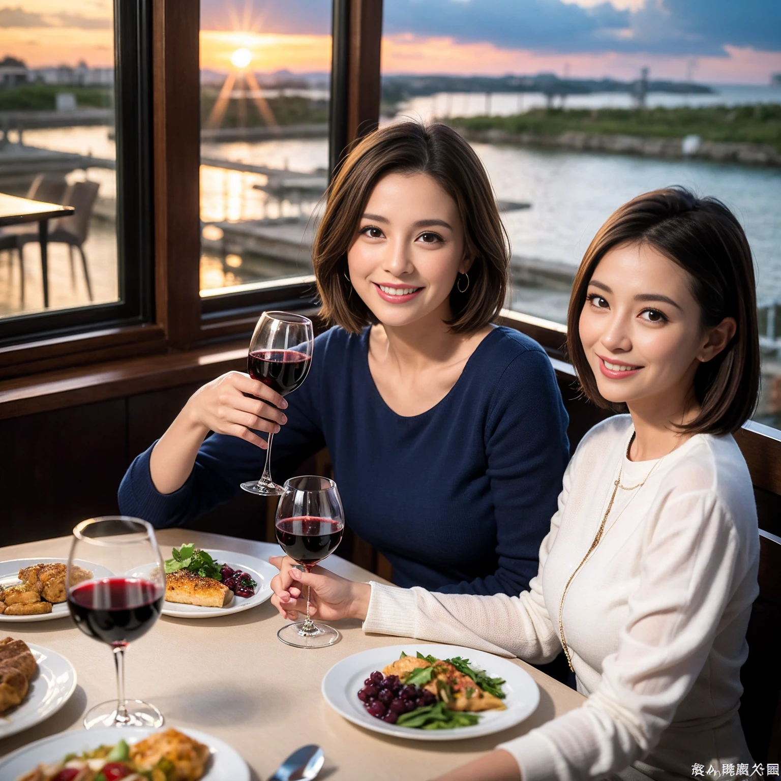 ((Highest quality、8K、masterpiece:1.3))、 (Ultra-realistic、 Genuine、Bright image、Intricate details:1.2), 最高のsmile、1 male 1 female、Beautiful couple、Love Love Love、spouse、Female announcer、actress couple、smile、Full-course dinner at a packed table、 (Slim face), (the body is slim), (Brown Hair), (short hair), テーブルのwine glass、Please shine a light on my face、 Amazing view of the sunset sky and clouds、42 years old 39 years old, red wine 、Appetizers、Wine bottle、sparkling wine、Long sleeve shirt、dress、White wine, red wine, wine glass,