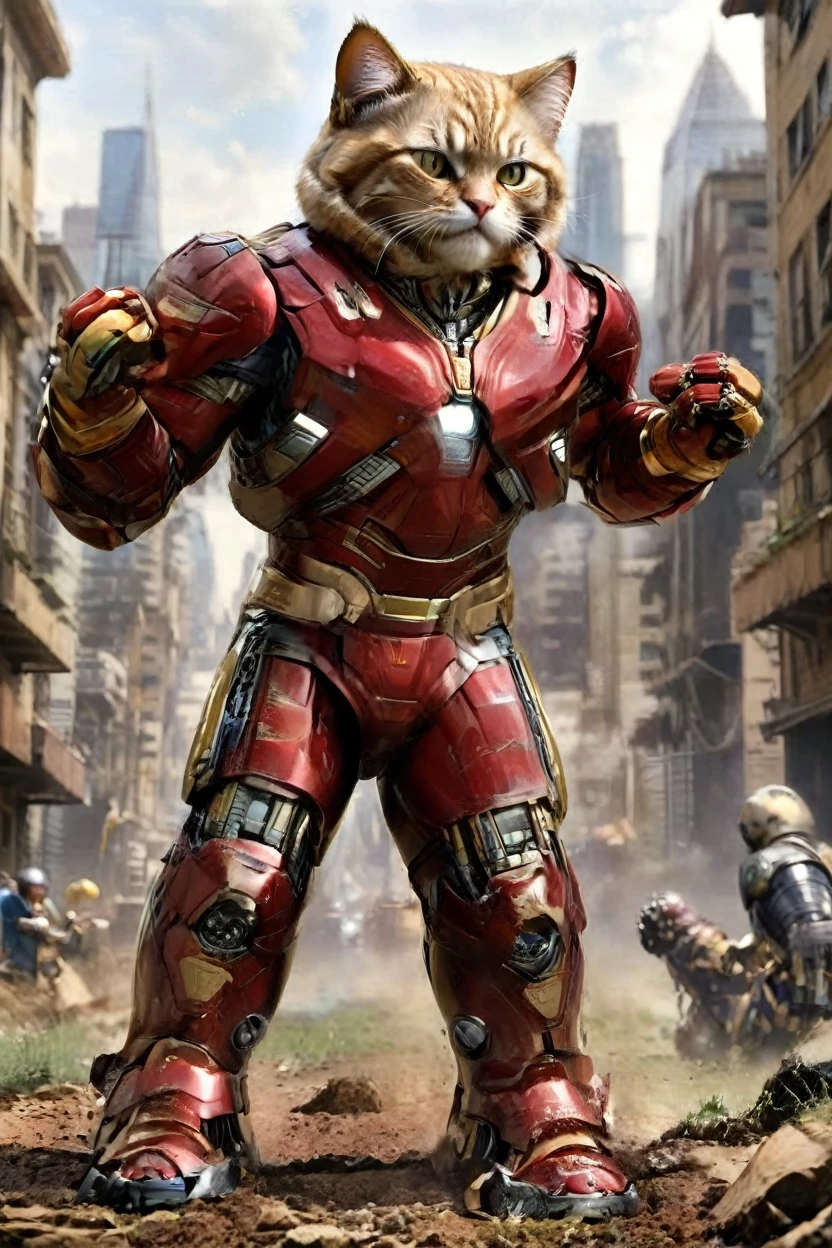 small, There are no humans in this world、The world of anthropomorphized cats、Wearing a full Iron Man suit、He flew over and landed with his right fist on the ground.、night、かわいいbornき物全身, Costumes,、 Fantasy art, Exquisite detail, An anthropomorphic, fat, furry tabby kitten with yellow eyes, Movie Scenes, Dramatic shot angles, , Realistic, born々Amazing cinematic photorealism, Action Portrait, 8K, detailed, Full Frame