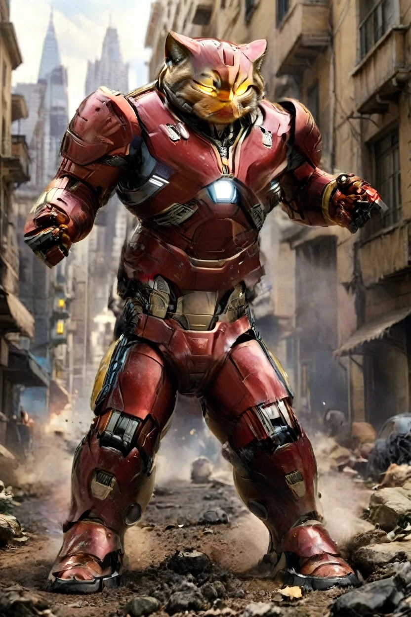 small, There are no humans in this world、The world of anthropomorphized cats、Wearing a full Iron Man suit、He flew over and landed with his right fist on the ground.、night、かわいいbornき物全身, Costumes,、 Fantasy art, Exquisite detail, An anthropomorphic, fat, furry tabby kitten with yellow eyes, Movie Scenes, Dramatic shot angles, , Realistic, born々Amazing cinematic photorealism, Action Portrait, 8K, detailed, Full Frame