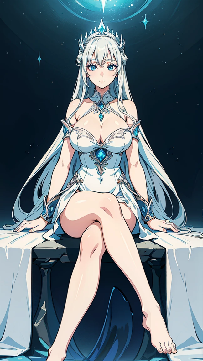 (masterpiece),((Highly detailed long silver hair)),((expressive blue eyes)),Highly detailed white dress,deep cleavage,serious expression,extremely beautiful woman,((detailed large breasts)), pale white skin,silver jewelry,best quality,cel shading,etherial light,masterpiece, 8K HD,highly detaild face, highly detaild eyes,flat color, wide angle,ufotable anime style,fantasy style,3d art style,((surrealist art style)),light particles,fullbody view angle,bokeh overlay,frozen castle,ice effects,glassy texture,she is sitting in a frozen throne ,(( legs crossed)), bare feet,exposed legs