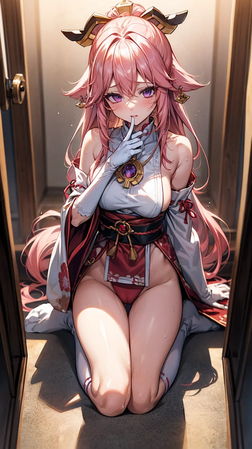 One Girl， （Urzan-6500：0.7）， K-POPアイドル， yae miko， ， Exposed ???? shoulders， Pink Hair， Long white hair， Japanese Clothing， The best quality in the best condition， （da pintura：1.5）， （hair ornaments：1.35）， gem， Purple eyes， 耳?????? Ring， ， Written boundary depth， Detailed face， Face Focus， ribbon_trim， （View your audience：1.25）， Non-traditional Shrine Maiden， Shiny skin， Long sleeve， Thick lips， Game CG， （Blur the background：1.2）， ， ，  whole body、Put your head on the urinal，Yogurt all over、whole bodyが濡れている、One Girll, , ???????, ???, Urine，garbage,masterpiece, Highest quality, Very detailed,Knee-high socks、Long white elbow gloves、Long socks、Open your thighs wide to the left and right､crouch on the ground、Show the audience your ??????、?????????:1.4、(Sweat)、(vapor）With ??????????