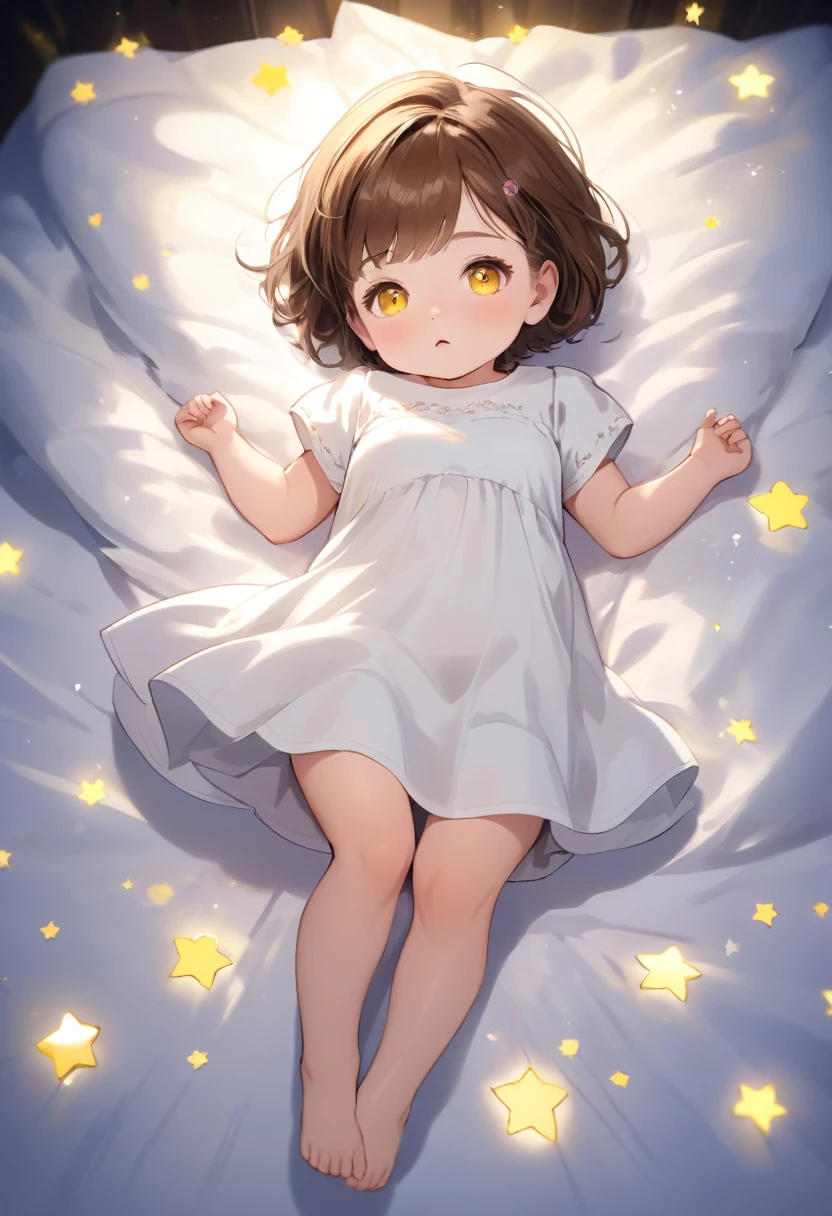 1 , alone, looking at the viewer, blushing, short hair, closed mouth, brown hair, white dress, yellow eyes, short sleeves, lying down, on her back,\(symbol\), white dress Night,