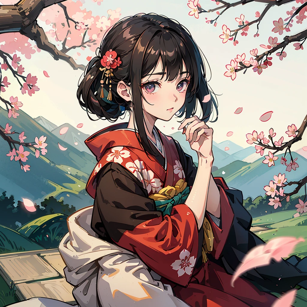 (masterpiece),(Top image quality),(Super fine 8K wallpaper),(Beautiful kimono),(1 person),(Dark-haired),(Central Partition),(Bangs),(Small hairpin),(Cherry blossoms),(Sunlight),(Japanese country style)