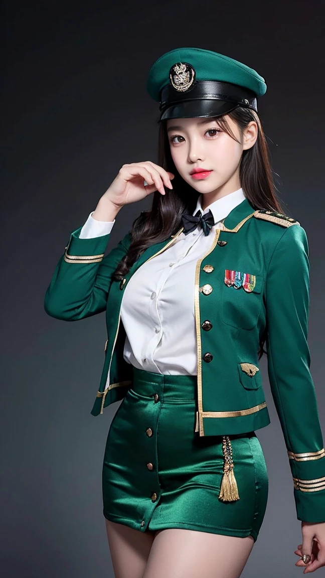 最high quality, masterpiece, 32k、Very detailed、Realistic、1 girl, Japanese women、Emerald green military uniformのコスチューム、mini skirt、High-grade, futuristic, sexy costume, Emerald green military uniform、US Army military uniform hat、Attractive K-pop idol-like outfits、Emerald green military uniform、class seal、Wears an emerald green military uniform hat(military officer uniform hat), Cute face, (photo Actual:1.3),Edge lighting, (Skin with attention to detail:1.2), 8K超High resolution, Single-lens reflex camera, high quality, High resolution, 4K, 8K, Optimal ratio of four fingers to one thumb, (Actual:1.3), cute 1 girl, Realistic、Super Realistic、32k、Very detailed、masterpiece, 最high quality, beautiful girl, beauty、Gorgeous girl, Medium chest、Big Ass, Narrow waist, Leg spread, Plenty of facial detail, City of the Future, Super detailed, High resolution, masterpiece, high quality, High resolution,