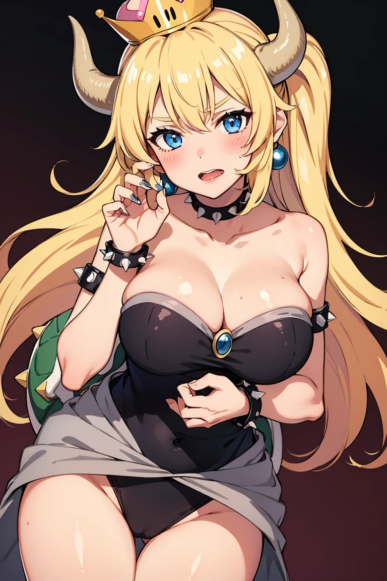 best quality, high resolution, large breasts, blonde hair, blush, embarrassed, cowboy shot, looking at viewer, bowsette, pink lip