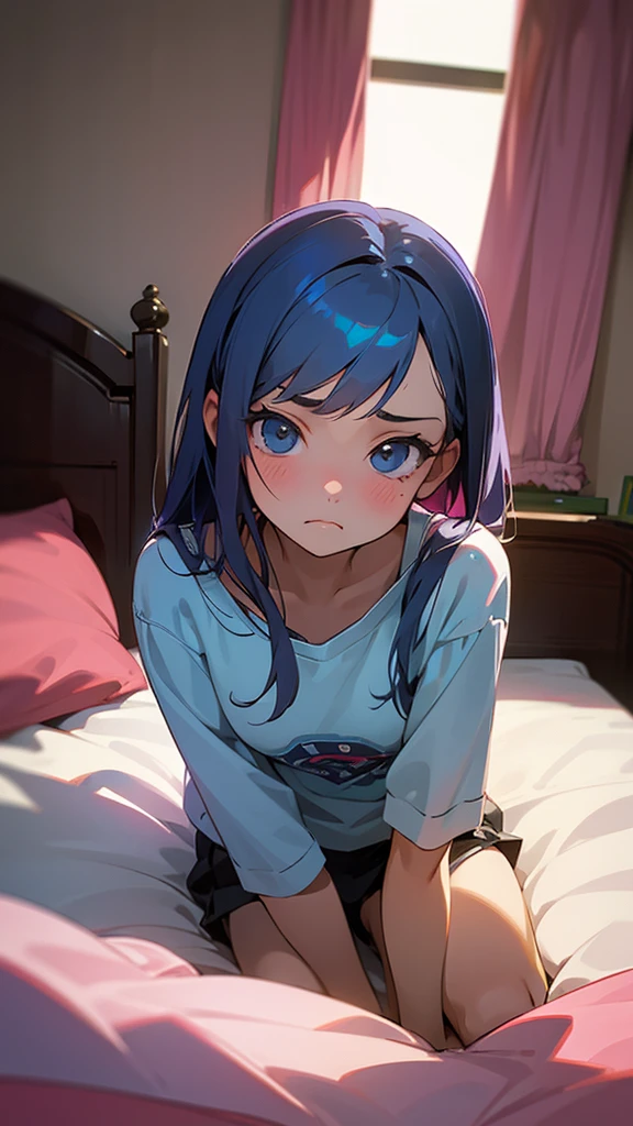 Beautiful teenage girl is sad and staring at you on her bed