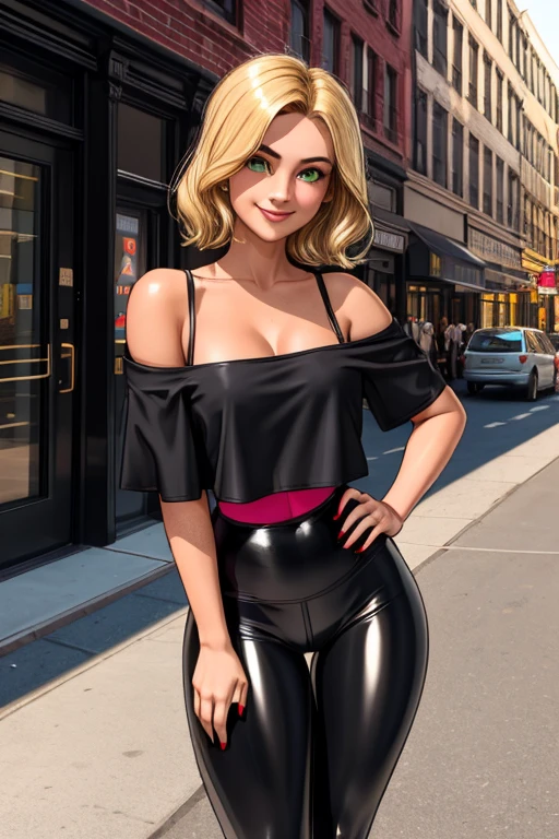 1girl, solo, sexy, 1girl, solo, 36-years-old, tan olive skin, shoulder-length hair, sunflower blonde hair, emerald eyes, ((Wearing an off shoulder red tank-top and glossy black leggings)). hands on hips, she's looking at the camera with a calm smile, outside on New York street,(masterpiece), (best quality), (ultra-detailed), (best illustration), (best shadow), (an extremely delicate and beautiful)