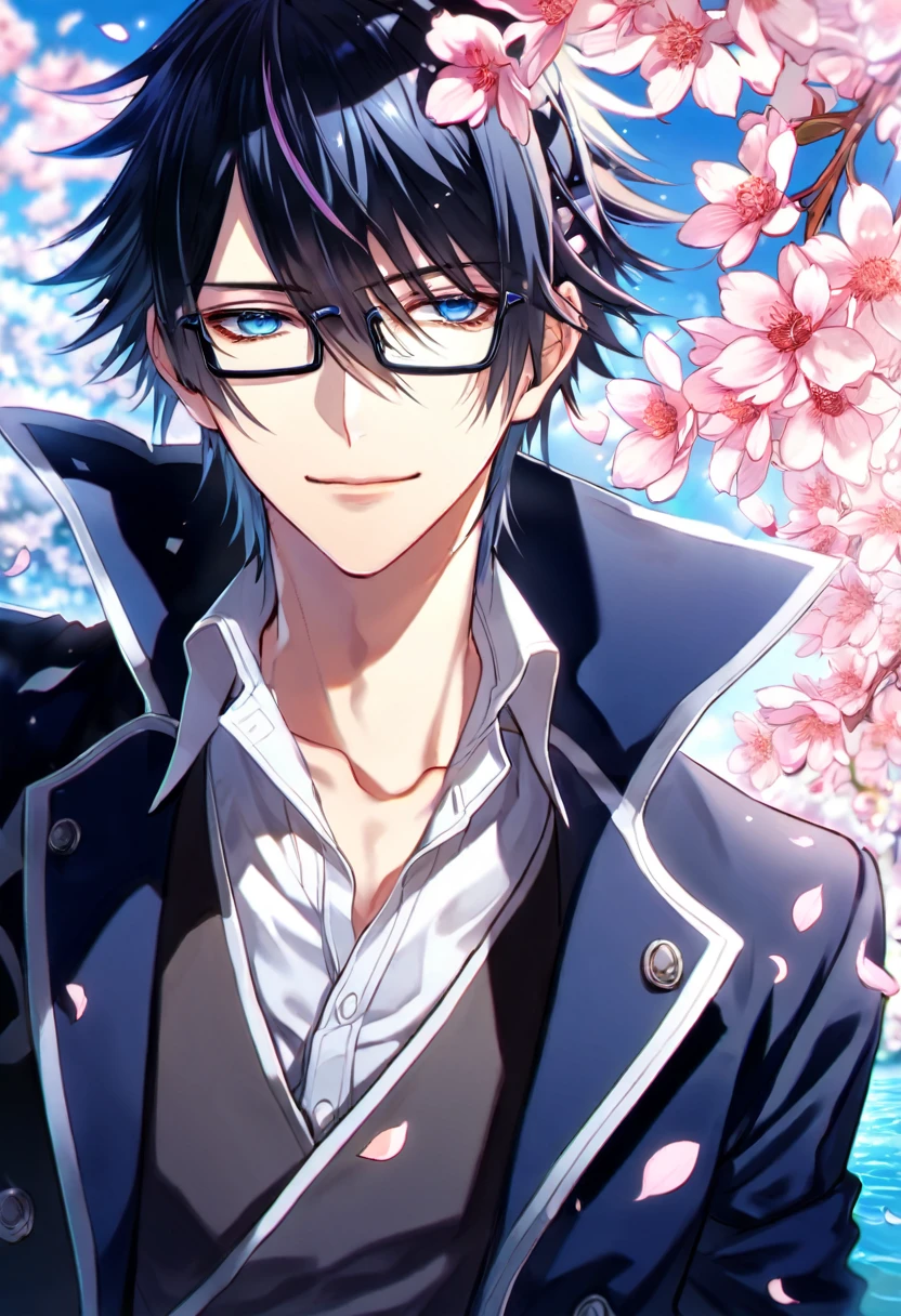 Ultra detailed, highres, absurdres, HDR, master piece, Fushimi Saruhiko, messy black hair, hair between the eyes, expressivee blue eyes, rectangular black glasses, white shirt, a gray waistcoat, long blue overcoat,  K Project, fantasy, pink petals, water, pink flowers, handsome, sexy man, solo, magical, best quality, blossoms, handsome smile, blue shining fireflies