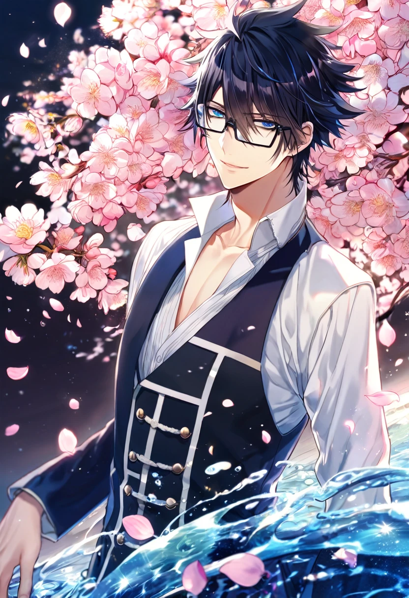 Ultra detailed, highres, absurdres, HDR, master piece, Fushimi Saruhiko, messy black hair, hair between the eyes, expressivee blue eyes, rectangular black glasses, white shirt, a gray waistcoat, long blue overcoat, K Project, fantasy, pink petals, water, pink flowers, handsome, sexy man, solo, magical, best quality, blossoms, handsome smile, blue shining fireflies