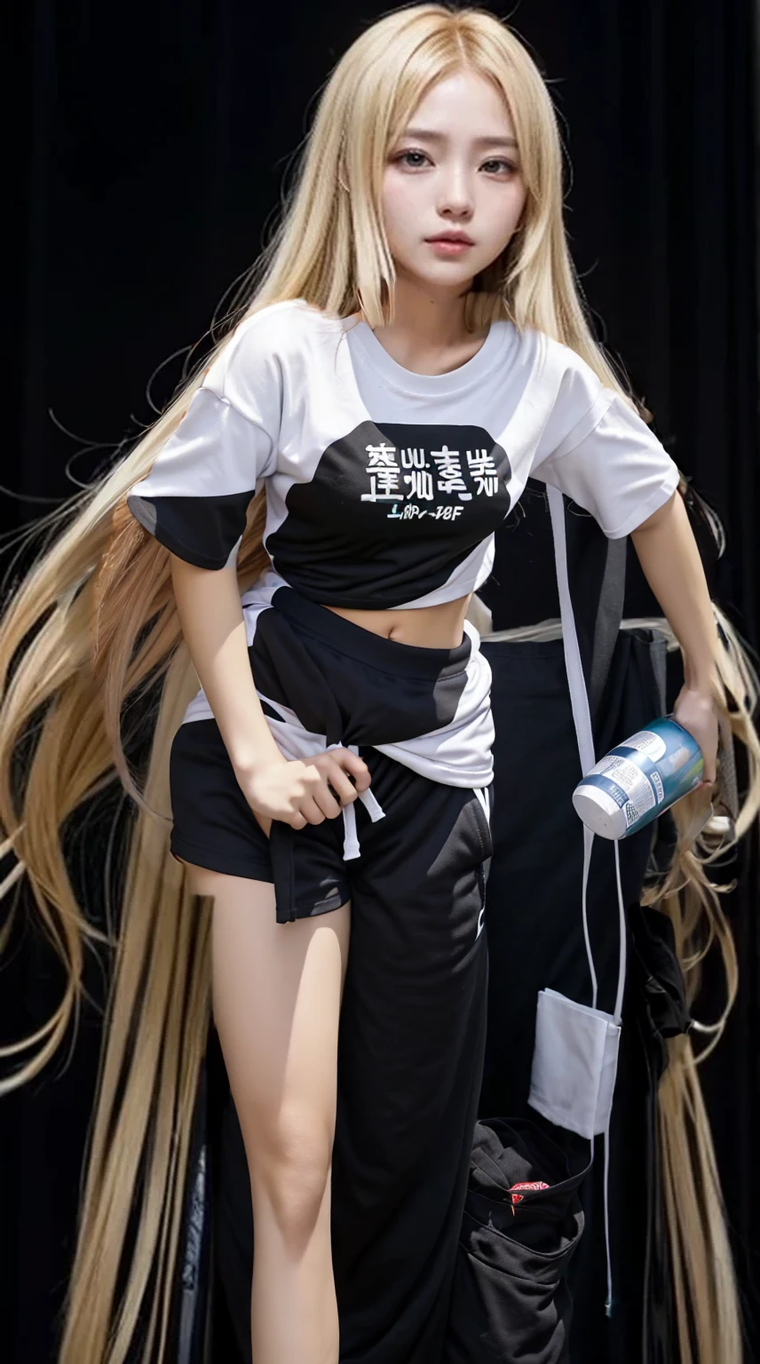(SFW:1.5), 1 Female, Age 20, Baggy T-shirt(White)((Short sleeve))、T-shirts reach down to the waist, The pants are hot pants like those worn at the gym., In the heat, (Perfect Anatomy), Mastepiece, Ultra High Quality, It is high resolution., 8k, It's photorealistic, background: The finest suite in a luxury resort hotel