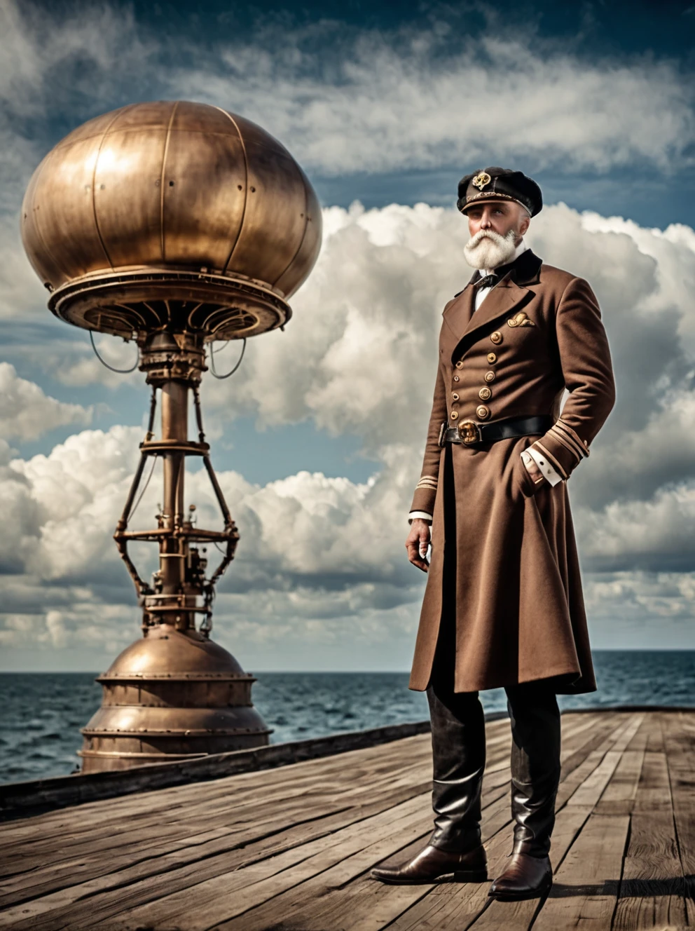photo focus on male focus, outdoors by the sea, realistic scenery, (captain nemo:1.1), cloud buster, UFO disk in the sky, steampunk nautilus-style. very wide shot, character photo portrait, film, professional,