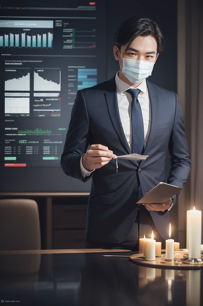 man in mask, background with graphs of candles and money related to the forex financial market