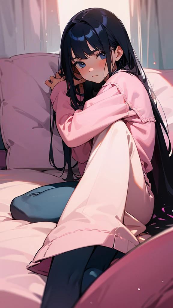 Beautiful teenage girl is sad and staring at you on her bed