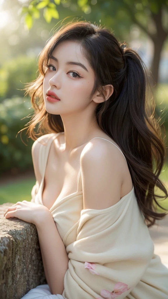 masterpiece,best quality,higher, Super sexy super cute Japanese girl、Hot, erotic and sexy lips、Big eyes、Drooping eyearilyn (;Marilyn Monroe face)、ASİAN,(brown race),dark skin,Dark brown, loosely wavy long hair,、Twin tails、To the bun、1girl,NDGE、Super big、sexual excitement(a woman looks surprised,startled,surprised,wondering,in awe,amazed,intrigued,curious,bewildered) (as an otter cuddles up,snuggles up,nuzzles into,settle down,rest,tucks itself,snuggles into,cuddle in) (between her breasts,against her chest,between her chest,close to her heart,close to her body,inside her arms) and goes to sleep. (material: oil painting,acrylic painting,canvas paint,watercolor painting) (additional details: beautiful garden,flower petals,floating petals,sunshine shining,sunlight filtering,glowing light,dappled light,soft breeze,peaceful) ((best quality,4k,8k,highres,masterpiece:1.2),ultra-detailed,(realistic,photorealistic,photo-realistic:1.37),vivid colors,HDR,sharp focus) (art style: realism,impressionism,romanticism) (color palette: pastel colors,soft hues,warm tones) (light: soft lighting,warm lighting,natural lighting)