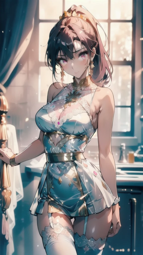 ((masterpiece, best quality)), Delicate face,beautiful dancing girls,gold,whole body,Long legs,Large Breasts,Gradient double ponytail,Perfect body proportions,Nice pink eyes,Extremely beautiful,transparent, Pure white background,Erotic_lingerie,sexly_比基尼,Lace,Garter stockings