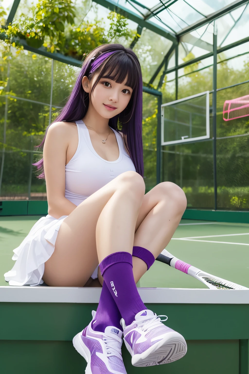 Tennis shoes、Purple socks、White 、、Tennis Wear、Tennis game with racket、Tennis court、best quality, masterpiece, 1girl, 独奏, extremely detailed eyes and face, eyes with beautiful details,smile, long hair, purple hair, blunt bangs, purple eyes, large breasts, aafern, Inside a glass-walled greenhouse, blurry background,