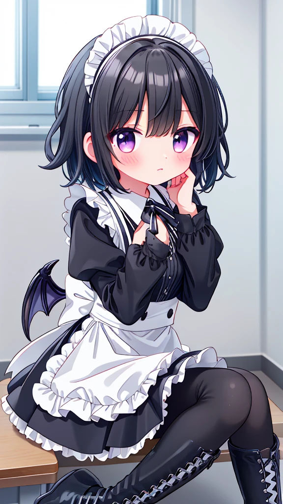girl，Black short hair，maid outfit，Black lace-up boots，White pantyhose，Blushing shy，Classroom scene，demon