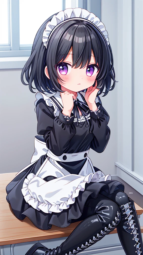 girl,Black short hair,maid outfit,Black lace-up boots,White pantyhose,Blushing shy,Classroom scene,demon