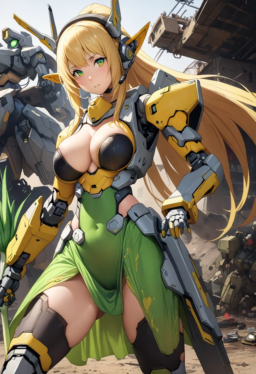 (((Highest quality)))、(((unity 8k wallpaper)))、(((32k)))、(((masterpiece)))、(((Very detailed)))、(((Ultra-high resolution)))、(((Ultra-high resolution)))、(((Cyborg Greefer)))、(((Mecha Girl)))、(((Robot Girl))、(( Very detailed顔, RAW Photos, Professional, Ultra-fine painting, Fine metal texture, High-quality fabric, ????, Genuine, A dress-like armor with a green onion color and yellow mold growing on it.、Mechanical Limbs、mecha musume、Machinery Parts、複雑に表現されたスーパーRobot Joints、Robot Joints、Robot Fingertips、Single Mechanical Arm、Mechanical Arm、elf ears headset、Complex mechanical bodies、A mechanical waist covered in elaborate armor、Realistic and complex camera eye:1.5))、A complex fusion of body and machine、Legs covered in green and yellow armor、Beautiful legs with mechanical knee joints encased in mechanical, sock-like armor、Eyes like a mechanical camera、Anatomically correct machine、Covered in lilac and yellow armor、Very beautiful face、Beautiful posture、Stand upright、Long blonde ponytail hairstyle、