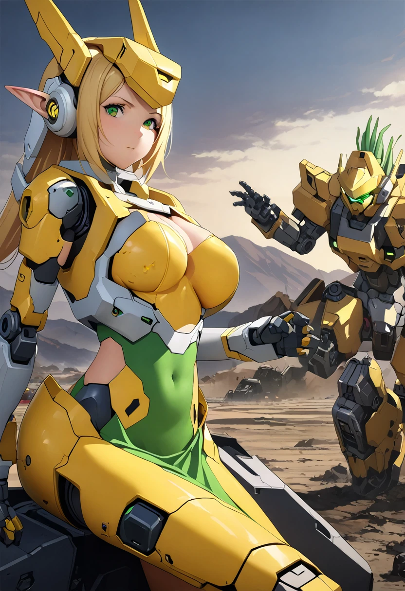 (((Highest quality)))、(((unity 8k wallpaper)))、(((32k)))、(((masterpiece)))、(((Very detailed)))、(((Ultra-high resolution)))、(((Ultra-high resolution)))、(((Cyborg Greefer)))、(((Mecha Girl)))、(((Robot Girl))、(( Very detailed顔, RAW Photos, Professional, Ultra-fine painting, Fine metal texture, High-quality fabric, sexy, Genuine, A dress-like armor with a green onion color and yellow mold growing on it.、Mechanical Limbs、mecha musume、Machinery Parts、複雑に表現されたスーパーRobot Joints、Robot Joints、Robot Fingertips、Single Mechanical Arm、Mechanical Arm、elf ears headset、Complex mechanical bodies、A mechanical waist covered in elaborate armor、Realistic and complex camera eye:1.5))、A complex fusion of body and machine、Legs covered in green and yellow armor、Beautiful legs with mechanical knee joints encased in mechanical, sock-like armor、Eyes like a mechanical camera、Anatomically correct machine、Covered in lilac and yellow armor、Very beautiful face、Beautiful posture、Stand upright、Long blonde ponytail hairstyle、
